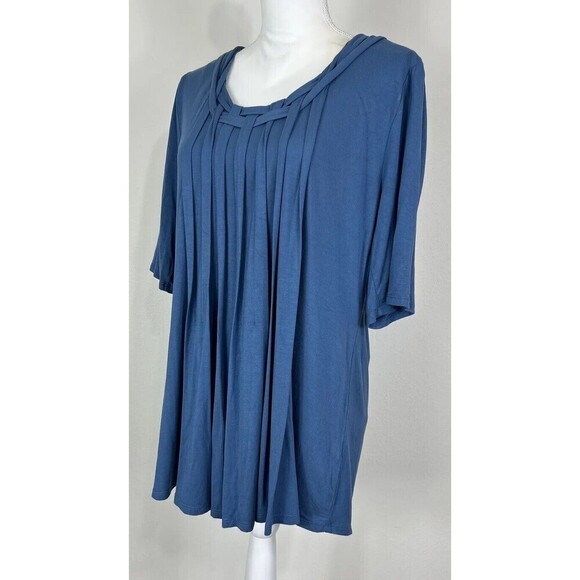 Soft Surroundings Blue Woven Lattice Neck Pleated Front Short Sleeve Size Large - Picture 7 of 10
